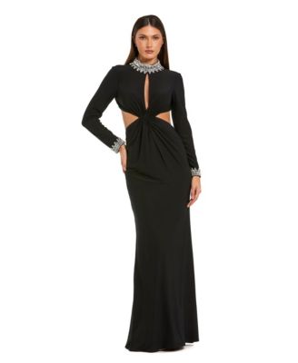 Women's Embellished Jersey Long Sleeve Cut Out Evening Gown