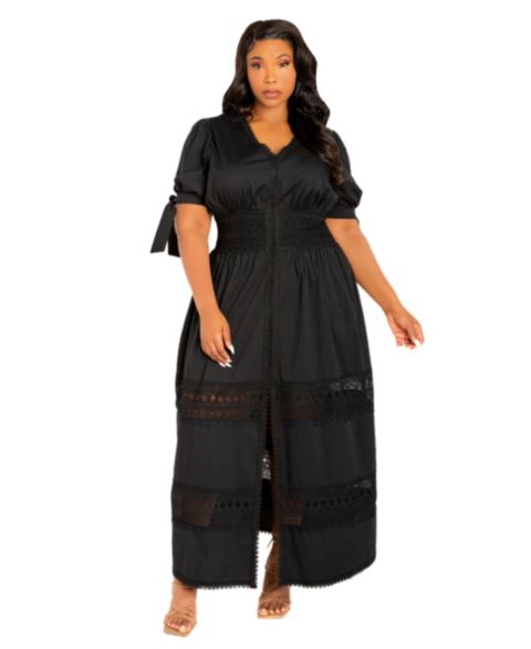 Женское платье Buxom Couture Plus Size Puff Sleeve Tiered Eyelet Maxi, цвет: Чёрный