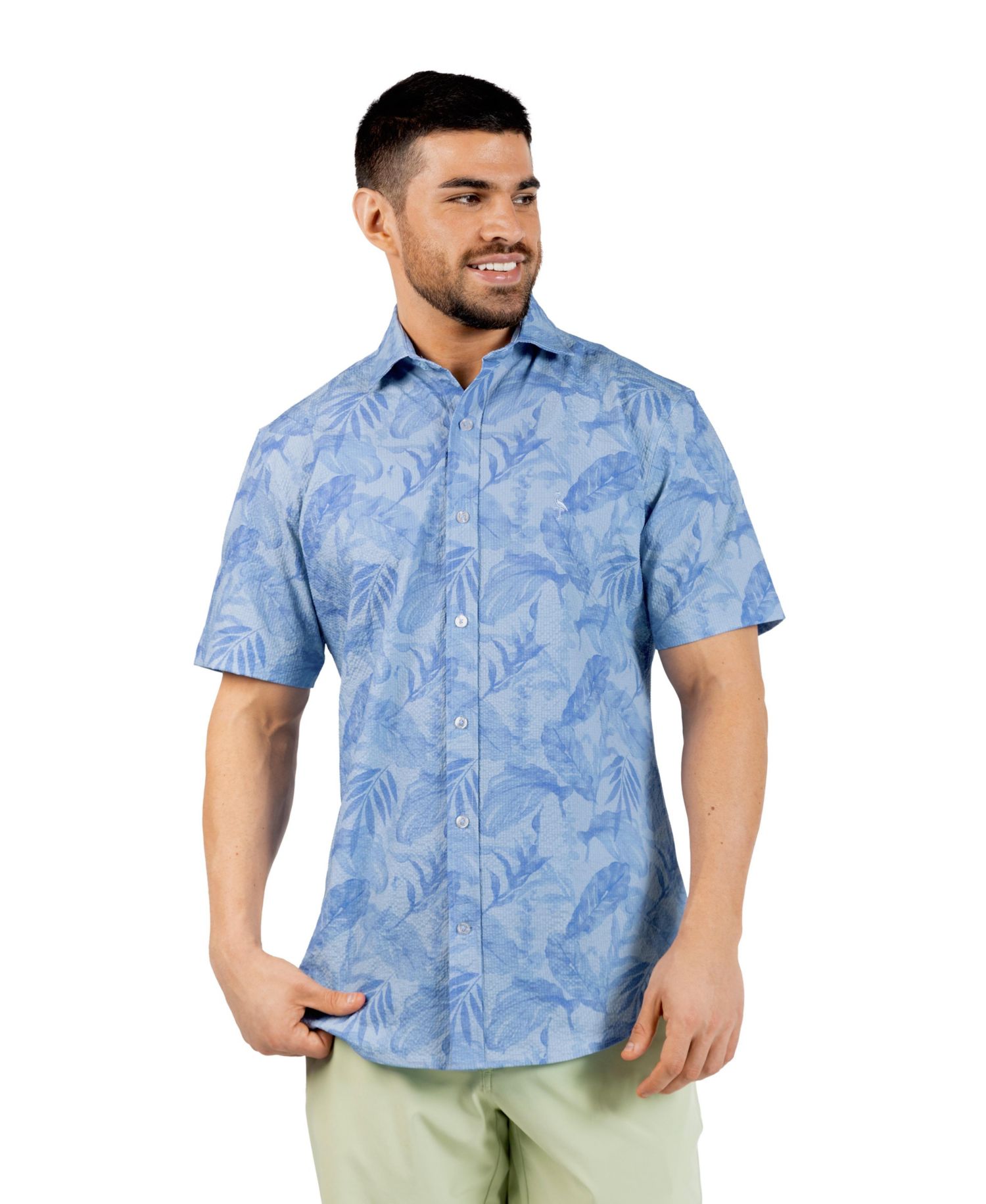 Men's Tropical Leaves Printed Seersucker Short Sleeve Shirt