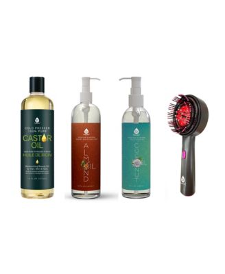 The Ultimate Hair & Skin Restoration Bundle: LED Therapy Brush, Castor Oil, Sweet Almond Oil, & Fractionated Coconut Oil