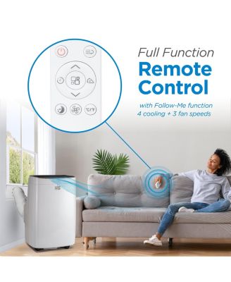 "8,000 BTU portable AC with remote and window kit, cools rooms up to 400 sq. ft., model BPACT08WT."