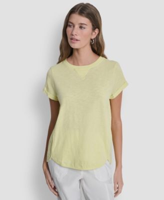 Women's Embroidered Crewneck Logo Roll-Sleeve Top