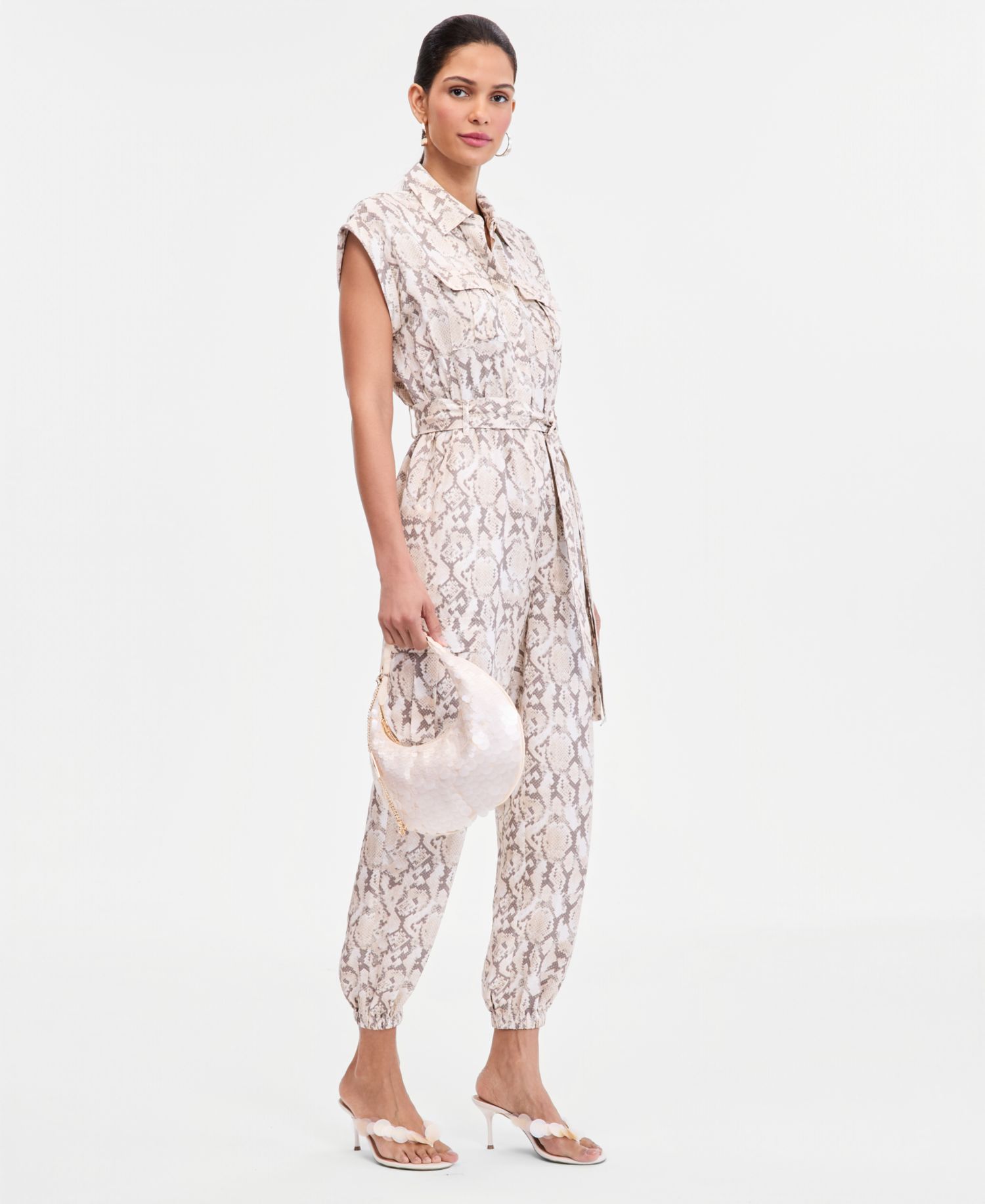 Women's Short-Sleeve Snake Print Belted Jumpsuit