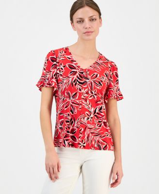 Petite Printed Ruffled-Sleeve Top