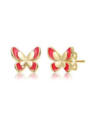 Dainty 14K Gold Plated Red Enamel Butterfly Stud Earrings
