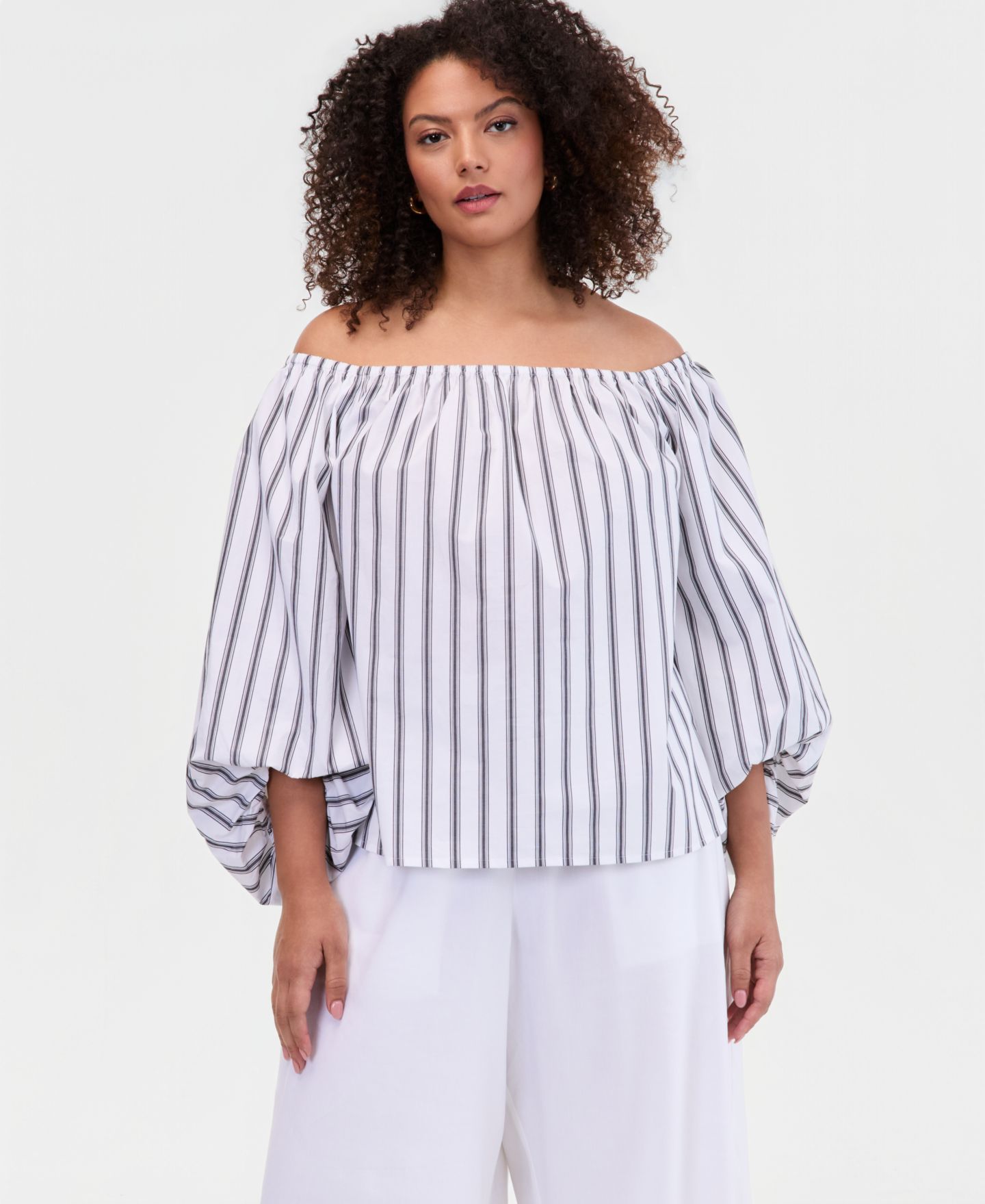 Женский топ I.N.C. International Concepts Plus Size Off-The-Shoulder Puffed-Sleeve Top, цвет: Полосатый — фото 1
