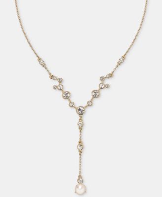 Crystal & Imitation Pearl Station Lariat Necklace, 16" + 3" extender