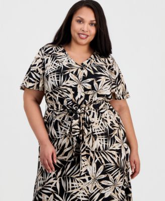 Plus Size Printed V-Neck Flutter-Sleeve Dress