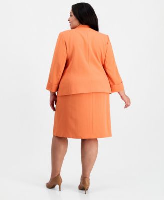 Plus Size Collarless Open-Front Zip-Pocket Jacket & Boat-Neck Sleeveless Sheath Crepe Dress