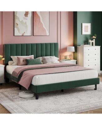 Bed Frame, Velvet Upholstered Platform Bed with Adjustable Vertical Channel Tufted Headboard