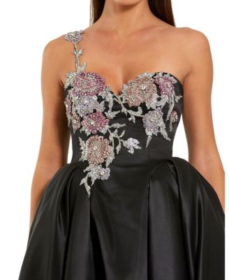 Women's One Shoulder Satin Midi Dress With Beaded Flowers