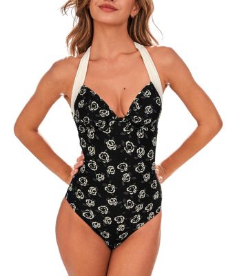 Women's Halter Tie Hook & Eye Closure One-Piece Swimsuit