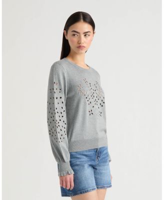 Women's Long Sleeve Eyelet Crew Neck Sweater