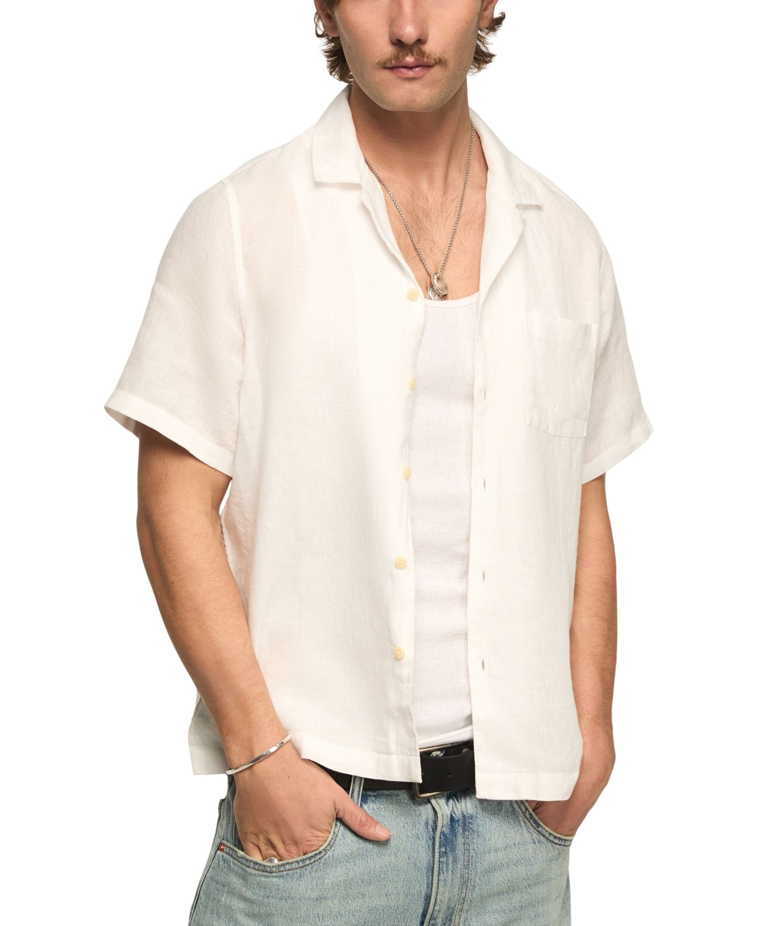 Men's Short-Sleeve Linen Camp Collar Shirt