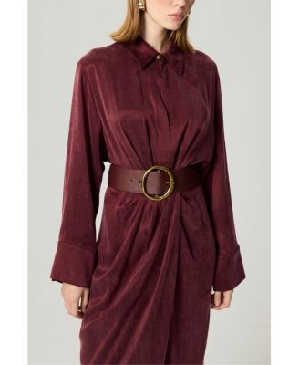Women's Belted Draped Shirt-Collar Maxi Dress