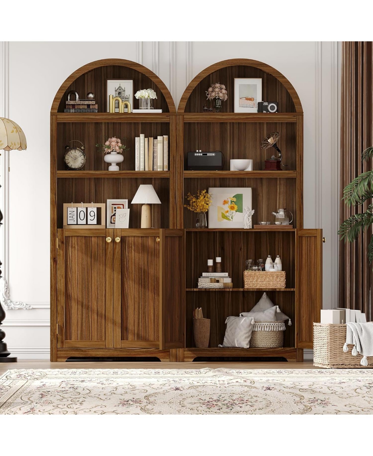 gaomon 72" Modern Natural Arched Cabinet with Gold Handles – 5-Tier Wooden Pantry Double Doors & Adjustable Shelves