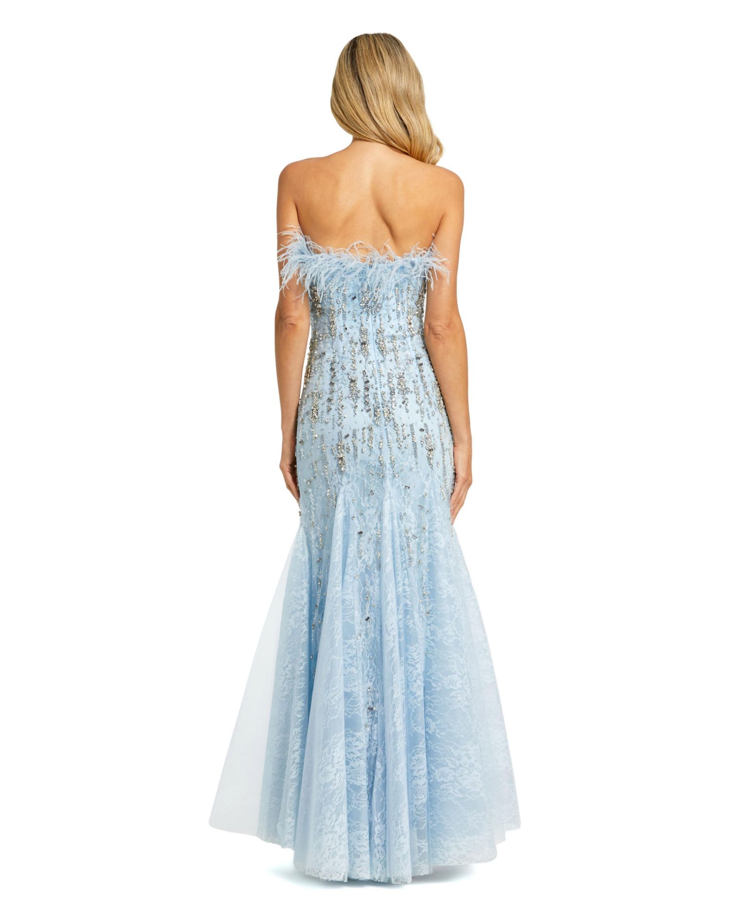 Women's Strapless Feather Embellished Mermaid Gown