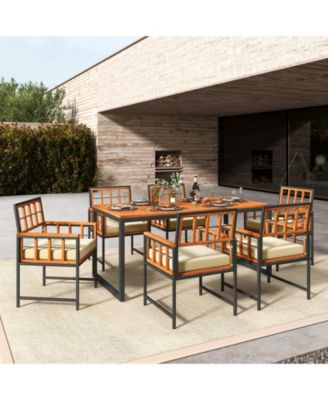 Acacia Wood Patio Chairs Set of 6 w/Cushions & Metal Frame 400 lbs Capacity