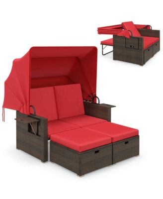 Rattan Daybed w/ Adjustable Backrests & Retractable Canopy for Patio