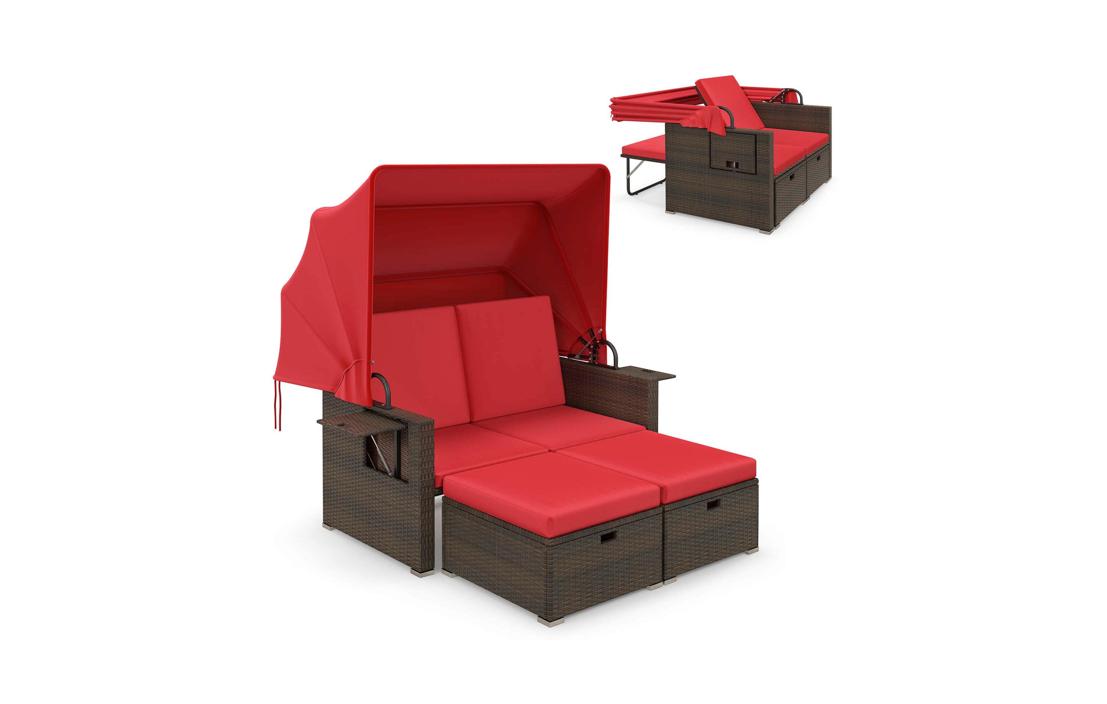 Gymax Rattan Daybed w/ Adjustable Backrests and Retractable Canopy for Patio