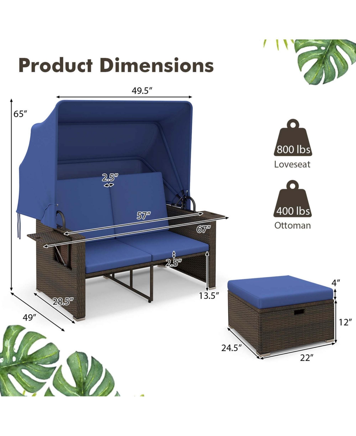 Gymax Rattan Daybed w/ Adjustable Backrests and Retractable Canopy for Patio
