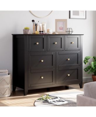 Dresser with 7 Deep Drawers for Bedroom, Farmhouse Wood Storage Chest with Gold Handles