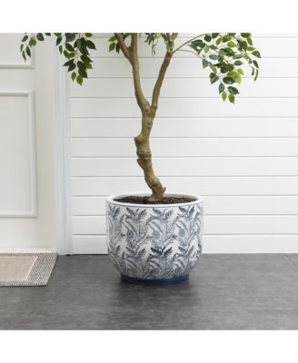 Blue Botanical Floral Ceramic Planter, 15.5" Round Garden Pot for Indoor & Outdoor Plants