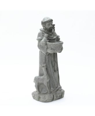 Saint Francis Garden Statue with Birdfeeder Bowl, Outdoor Sculpture with Animal Companions