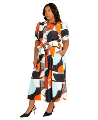 Women's Plus Size Geometric Print Puff Sleeve Shirtdress with Tie Waist Detail
