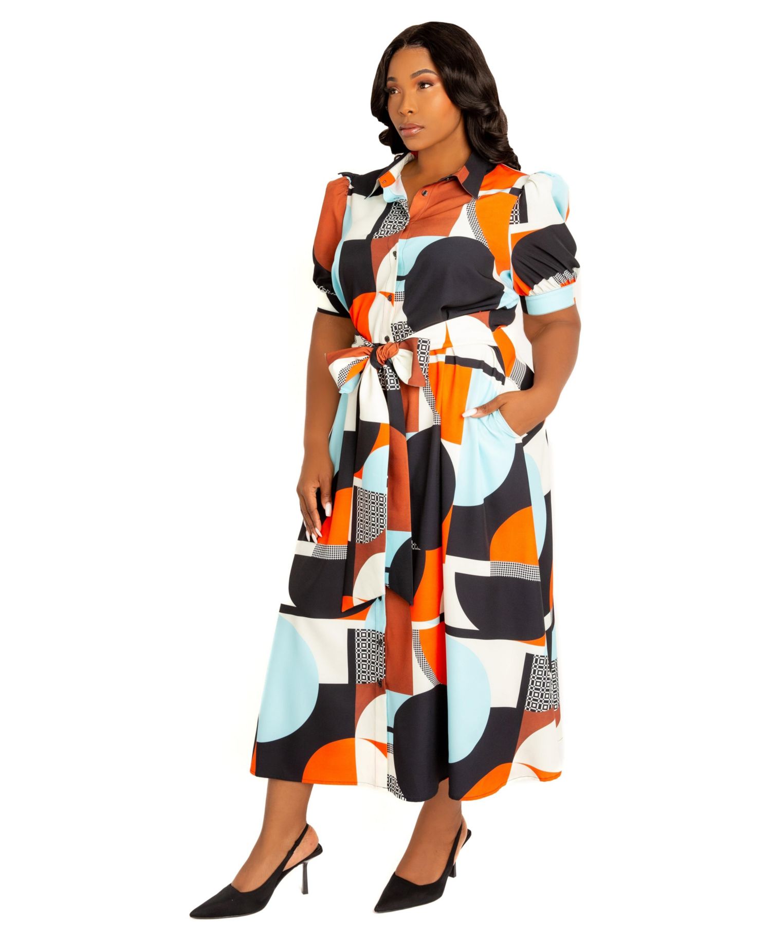 Women's Plus Size Geometric Print Puff Sleeve Shirtdress with Tie Waist Detail