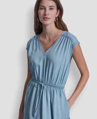 Women's Ruched Shoulder Sleeveless V-Neck Dress
