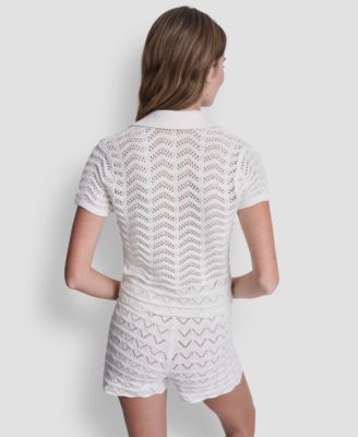 Women's Short-Sleeve V-Neck Polo Cropped Sweater