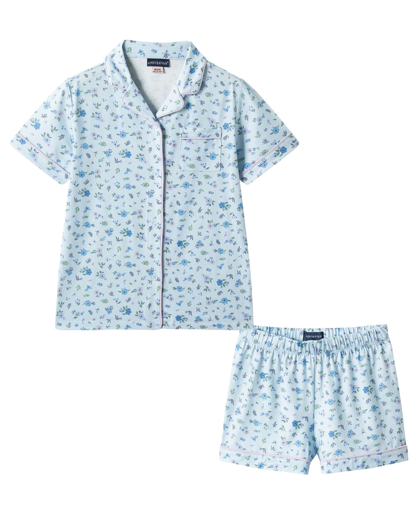 Andy & Evan Girls' 6-16 Button-Down Shirt and Shorts, 2-Piece Pajama Set, цвет: Синий с принтом — фото 1