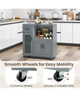 Rolling Kitchen Island Cart with Drawer, Glass Door Cabinet, Storage Shelves