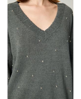 Women's Embellished V-Neck Knit Sweater