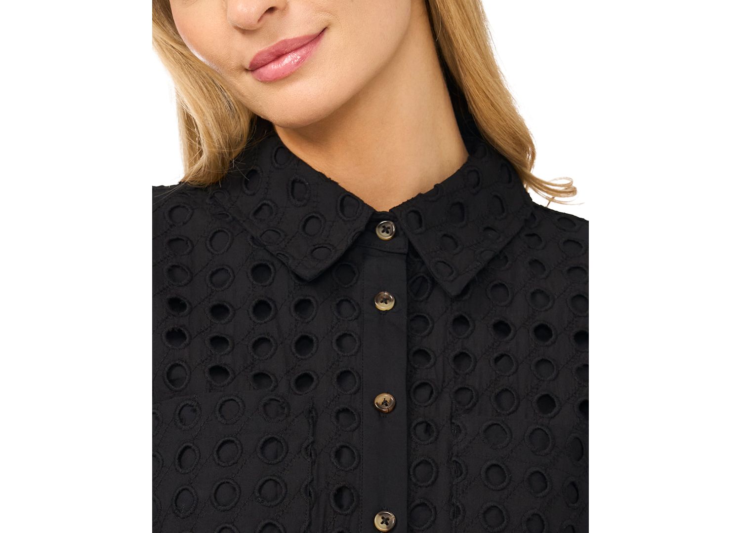 Women's Short Sleeve Eyelet Button-Down Top