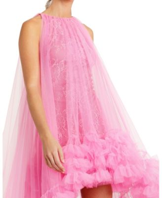 Women's Tulle High Neck Sleeveless Ruffled Hem Hi-Lo Gown