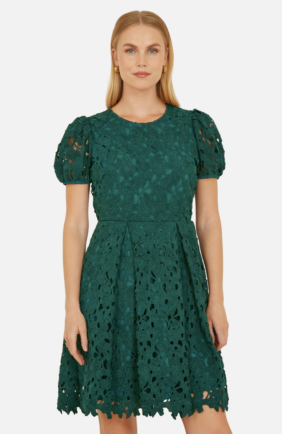 Yumi Women's Lace Puff Sleeve Fit Flare Mini Dress