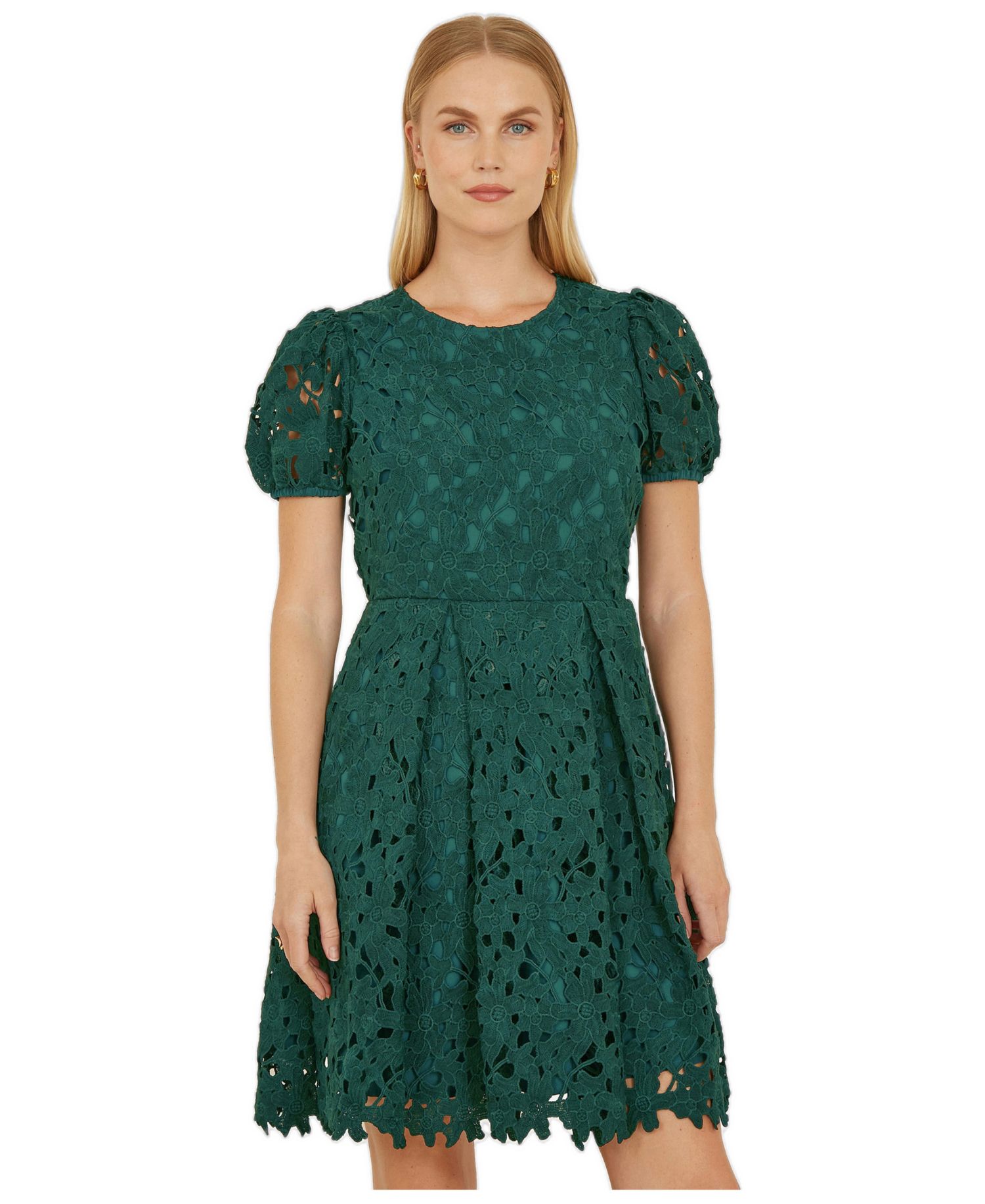 Women's Lace Puff Sleeve Fit Flare Mini Dress