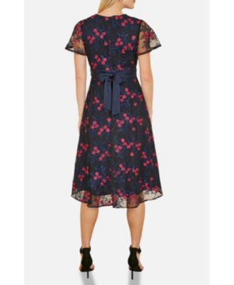 Women's Floral Mesh Wrap Midi Skater Dress