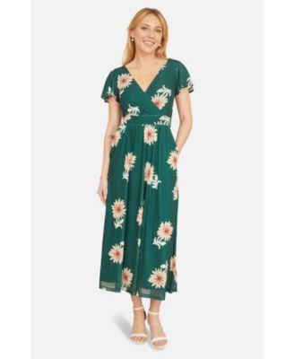 Women's Mesh Flower With Pockets Wrap Midi Dress