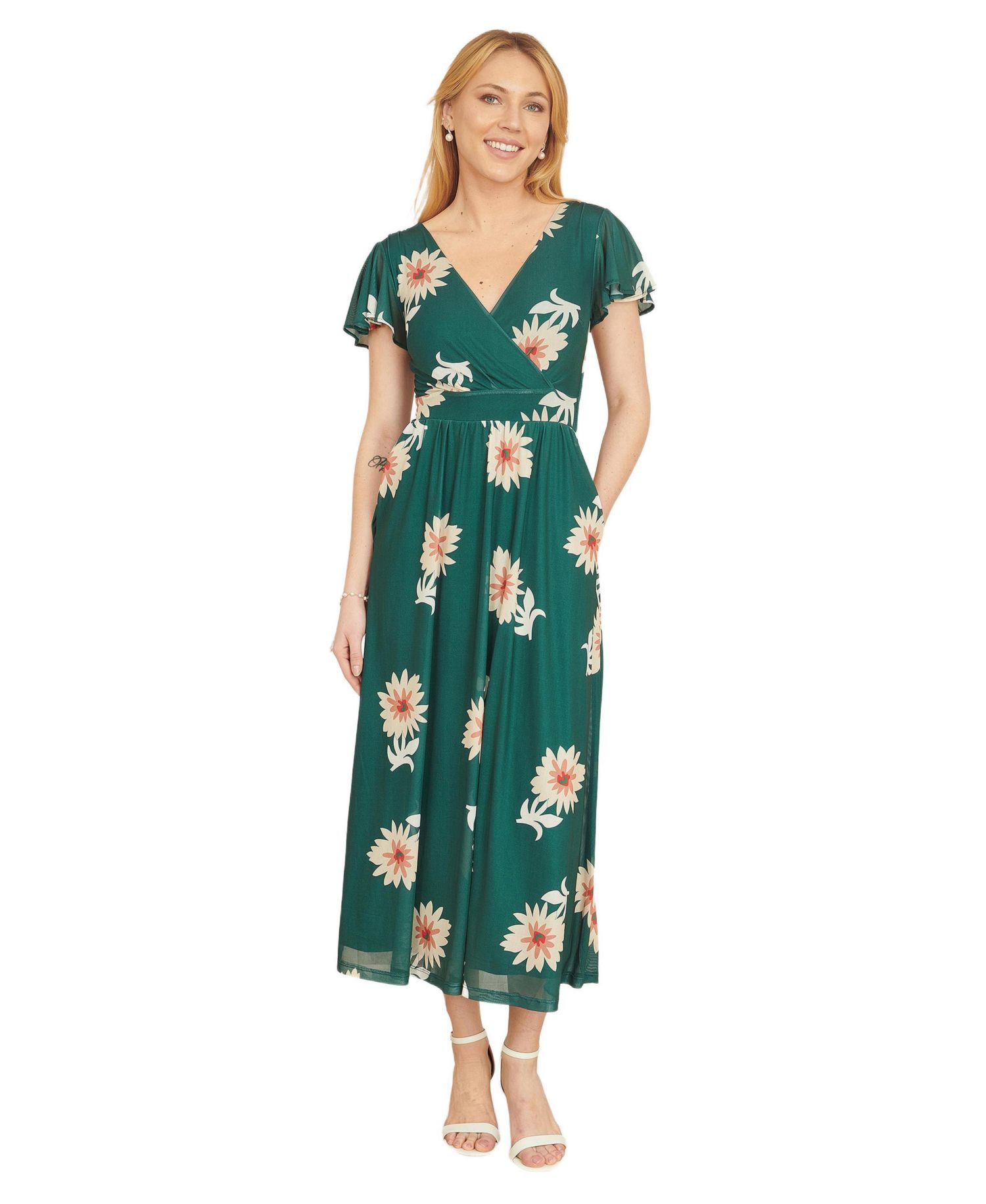 Women's Mesh Flower With Pockets Wrap Midi Dress