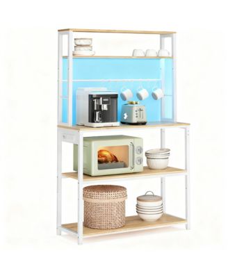 Coffee Bar with LED Lights, Power Strip, Adjustable Shelves, 8 Hooks