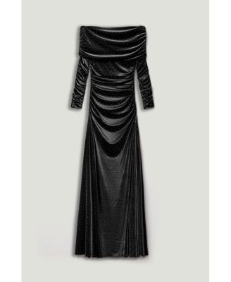 Women's Off-Shoulder Velvet Maxi Dress with Rhinestone Detail