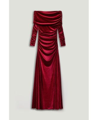 Women's Off-Shoulder Velvet Maxi Dress with Rhinestone Detail