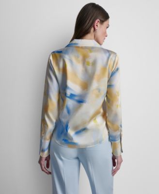 Women's Printed Long-Sleeve Covered Placket Top