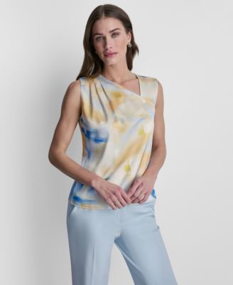 DKNY - Women's Printed Asymmetric Neck Sleeveless Blouse Top