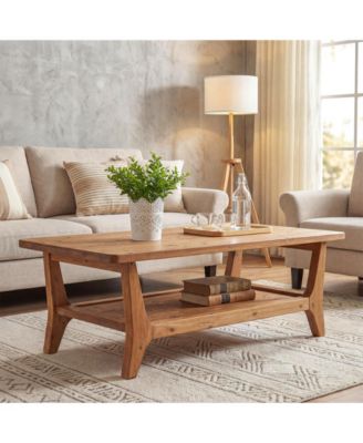 Solid Wood Coffee Table, 47-Inch Living Room Center Table with Shelf, 2-Tier, Smooth Corners, Child-Friendly, Easy Assembly