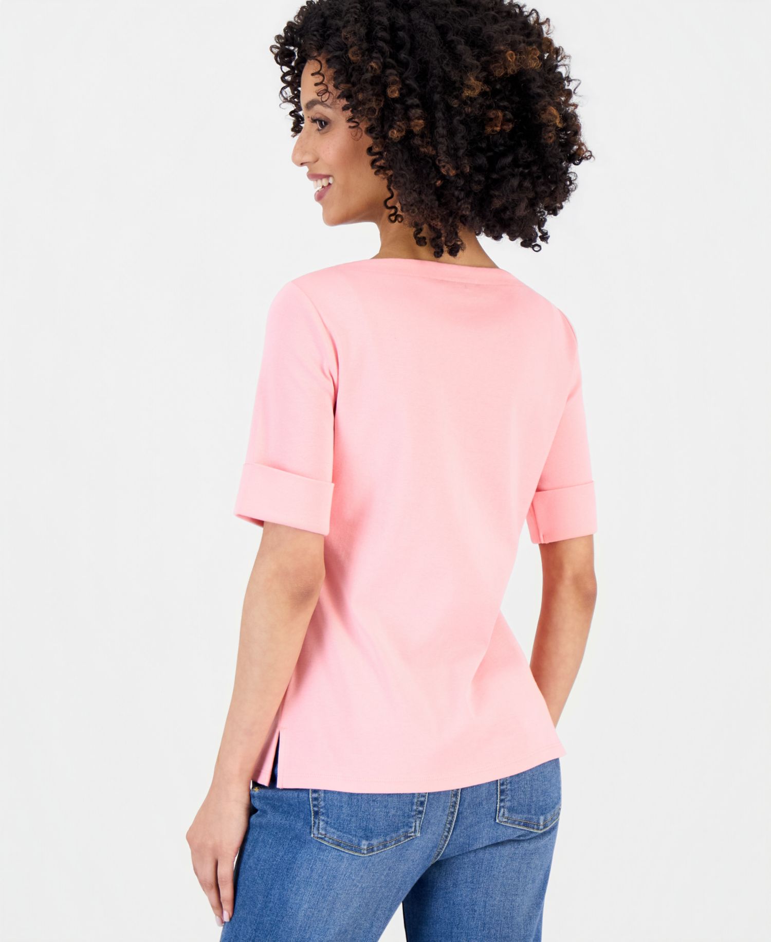 Petite Cotton Elbow-Sleeve Boat-Neck Top