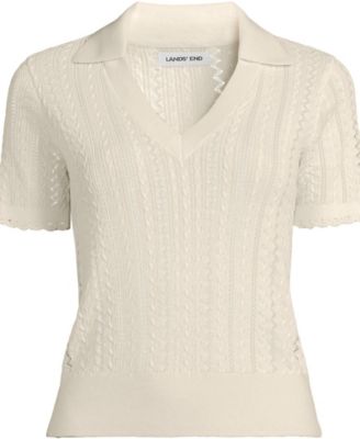 Women's Fine Gauge Cotton Pointelle Polo Sweater